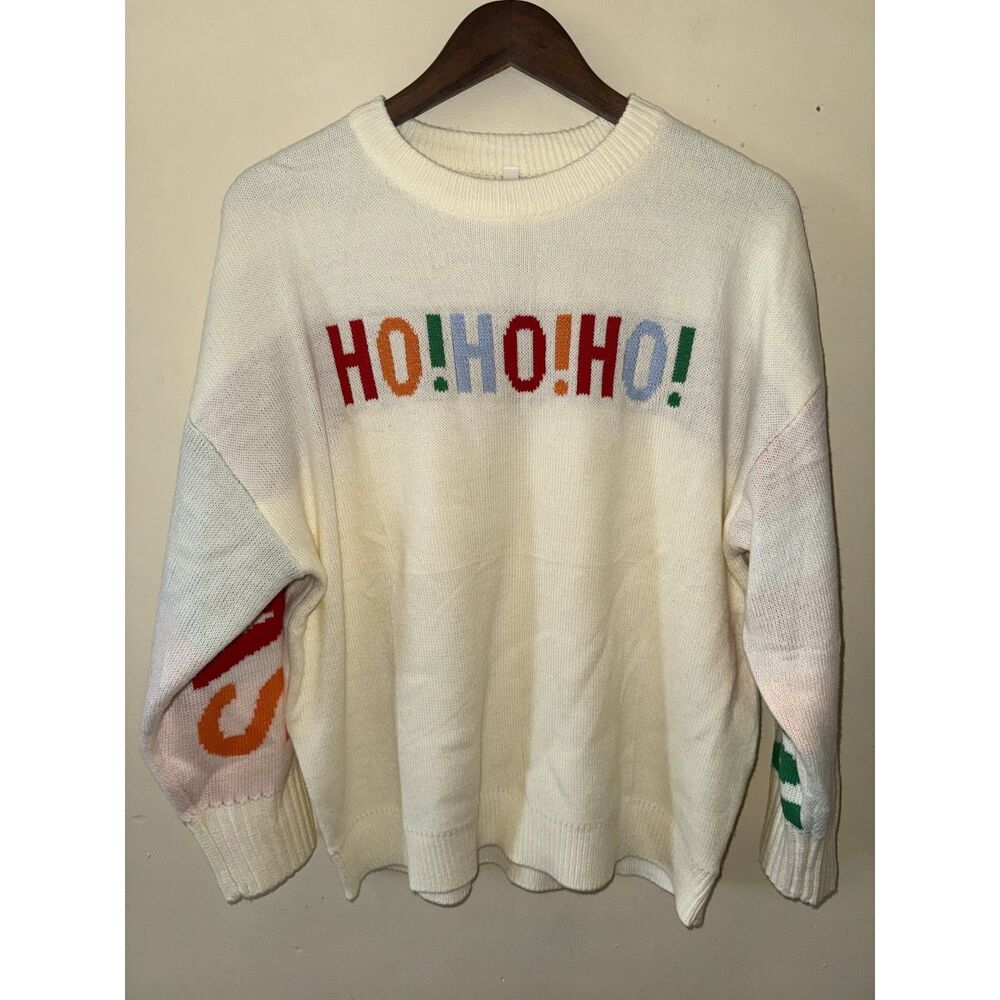 Simplee White Knit Christmas Sweater Small Colorful Ho Ho Ho Merry Christmas